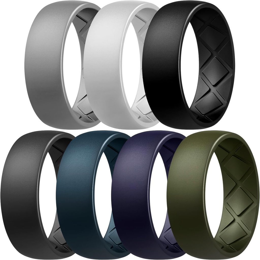 Egnaro Silicone Ring Men, Inner Arc Ergonomic Breathable Design Mens Rubber Wedding Band with Half Sizes, 7 Rings / 4 Rings / 1 Ring Engagement Bands Promise Rings, 8mm Wide - 2.5mm Thick